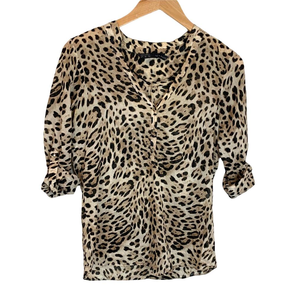 Zara Leopard Print Blouse Top Tunic Shirt Roll Tab Sleeve Henley Popover XS